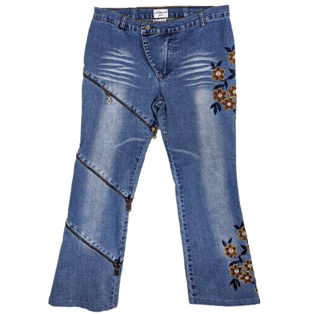 VTG 90s Y2K Mid-Rise Embroidered Floral Overlap Zipper Flare Crop Jeans Denim 30